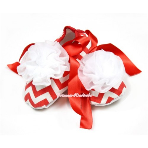 Xmas Red White Wave Crib Shoes With Red Ribbon With White Rosettes S590 