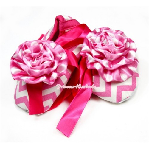 Hot Pink White Wave Crib Shoes With Hot Pink Ribbon With Hot Pink White Dots Rosettes S593 