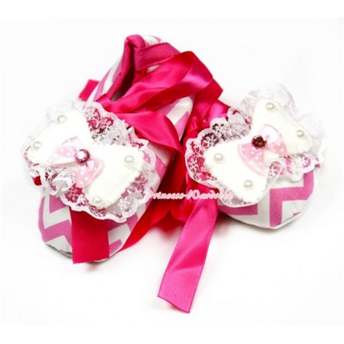 Hot Pink White Wave Crib Shoes With Hot Pink Ribbon With Lace Bow S596 