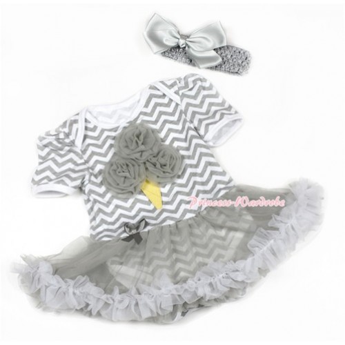 Grey White Wave Baby Jumpsuit Grey Pettiskirt With Grey Rosettes Ice Cream Print With Grey Headband Grey Silk Bow JS1365 