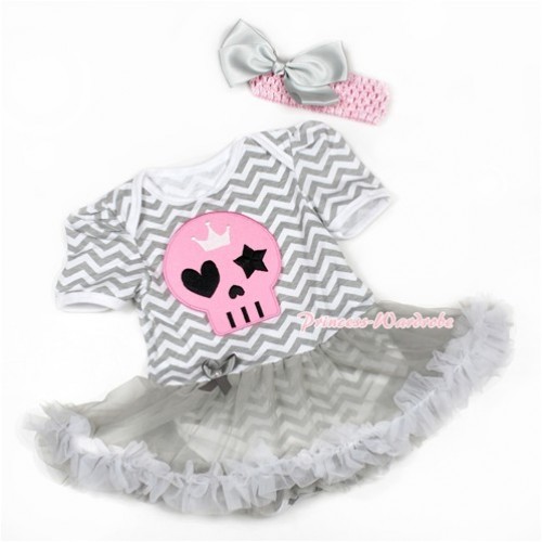 Halloween Grey White Wave Baby Jumpsuit Grey Pettiskirt With Light Pink Skeleton Print With Light Pink Headband Grey Silk Bow JS1368 