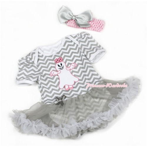 Halloween Grey White Wave Baby Jumpsuit Grey Pettiskirt With Princess Ghost Print With Light Pink Headband Light Pink Silk Bow JS1369 