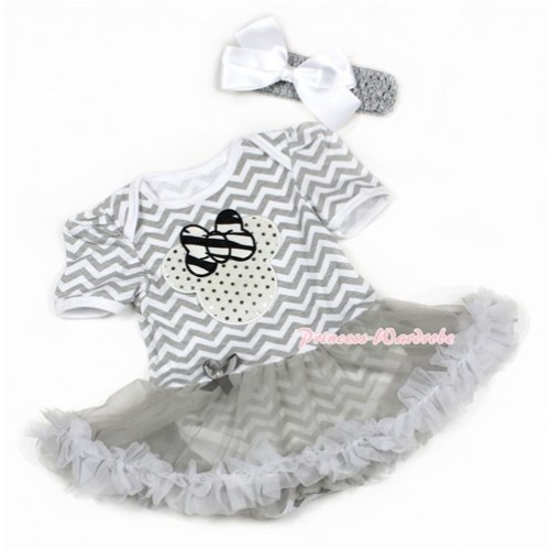 Grey White Wave Baby Jumpsuit Grey Pettiskirt With Sparkle White Minnie Print With Grey Headband White Silk Bow JS1370 