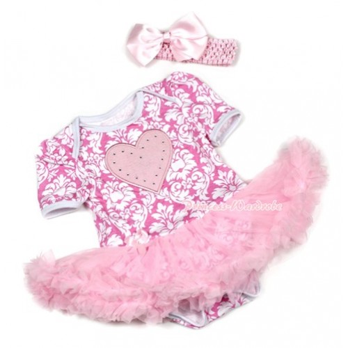 Light Pink White Damask Baby Jumpsuit Light Pink Pettiskirt With Light Pink Heart Print With Light Pink Headband Light Pink Silk Bow JS1379 