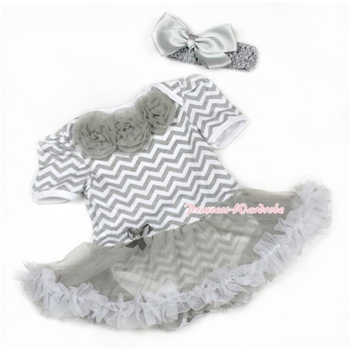 Grey White Wave Baby Jumpsuit Grey Pettiskirt With Grey Rosettes With Grey Headband Grey Silk Bow JS1362 