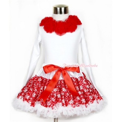 Xmas Red Snowflakes Pettiskirt Matching White Long Sleeve Top With Red Rosettes MW251 