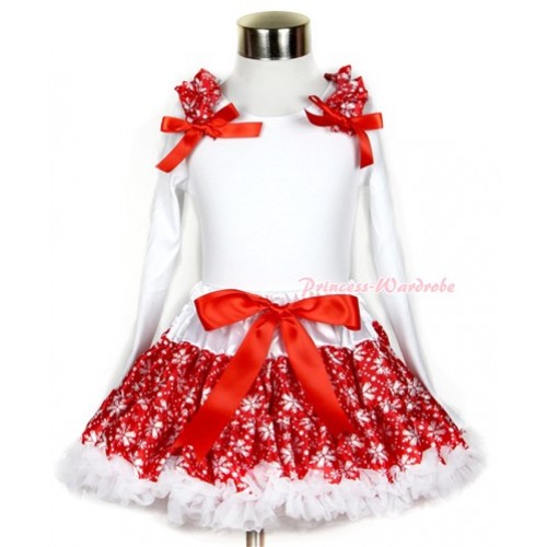 Xmas Red Snowflakes Pettiskirt with Matching White Long Sleeve Top with Red Snowflakes Ruffles & Red Bow MW257 
