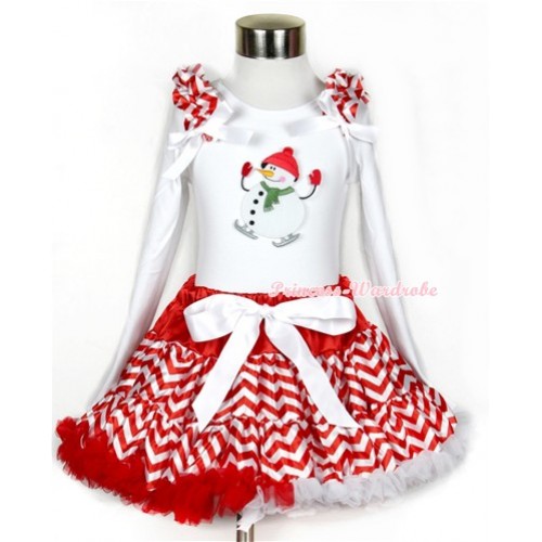 Xmas Red White Wave Pettiskirt with Ice Skating Snowman Print White Long Sleeve Top with Red White Wave Ruffles and White Bow MW260 