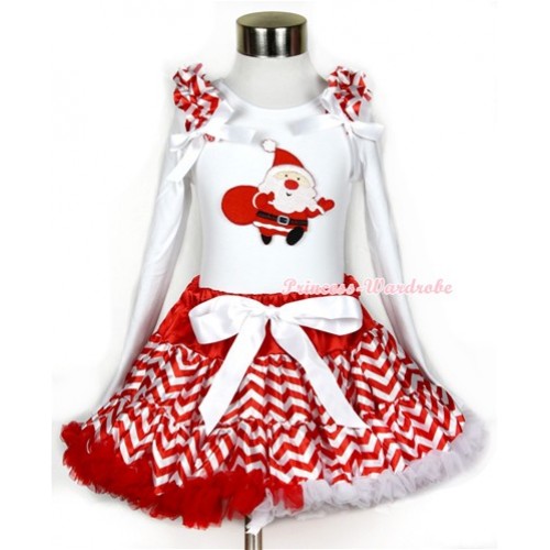 Xmas Red White Wave Pettiskirt with Gift Bag Santa Claus Print White Long Sleeve Top with Red White Wave Ruffles and White Bow MW261 