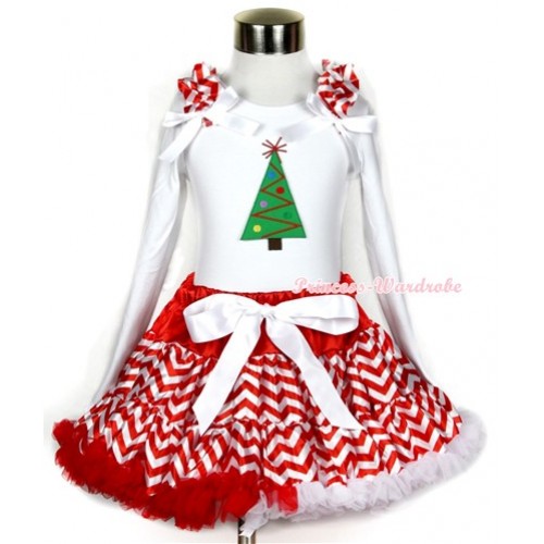 Xmas Red White Wave Pettiskirt with Christmas Tree Print White Long Sleeve Top with Red White Wave Ruffles and White Bow MW262 