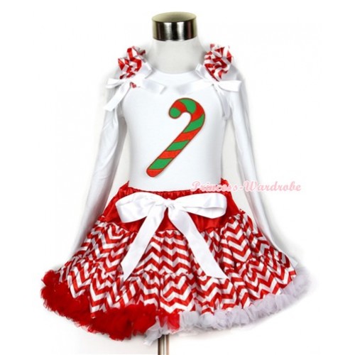 Xmas Red White Wave Pettiskirt with Christmas Stick Print White Long Sleeve Top with Red White Wave Ruffles and White Bow MW263 