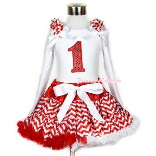 Xmas Red White Wave Pettiskirt with 1st Sparkle Red Birthday Number Print White Long Sleeve Top with Red White Wave Ruffles and White Bow MW286 
