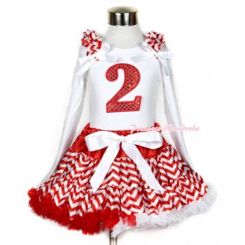 Xmas Red White Wave Pettiskirt with 2nd Sparkle Red Birthday Number Print White Long Sleeve Top with Red White Wave Ruffles and White Bow MW287 