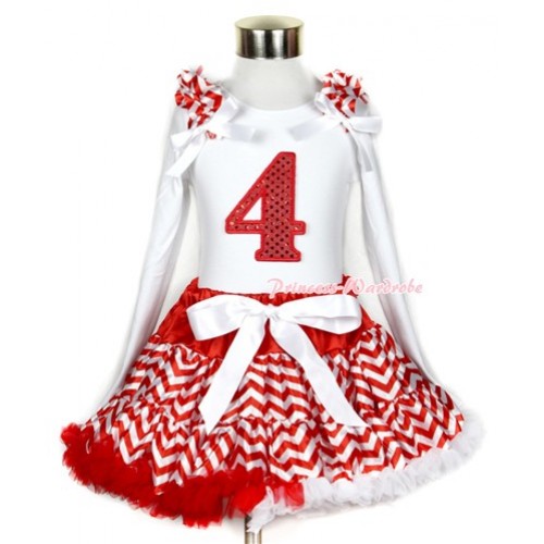 Xmas Red White Wave Pettiskirt with 4th Sparkle Red Birthday Number Print White Long Sleeve Top with Red White Wave Ruffles and White Bow MW289 