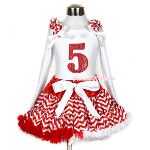 Xmas Red White Wave Pettiskirt with 5th Sparkle Red Birthday Number Print White Long Sleeve Top with Red White Wave Ruffles and White Bow MW290 