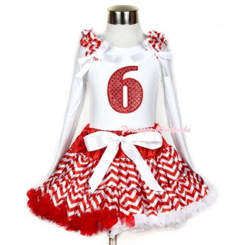 Xmas Red White Wave Pettiskirt with 6th Sparkle Red Birthday Number Print White Long Sleeve Top with Red White Wave Ruffles and White Bow MW291 