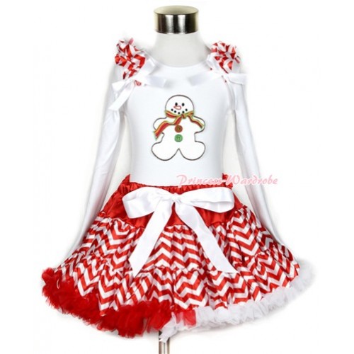 Xmas Red White Wave Pettiskirt with Christmas Gingerbread Snowman Print White Long Sleeve Top with Red White Wave Ruffles and White Bow MW292 