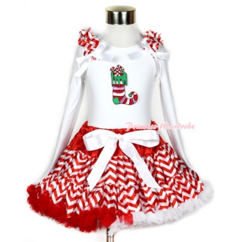 Xmas Red White Wave Pettiskirt with Christmas Stocking Print White Long Sleeve Top with Red White Wave Ruffles and White Bow MW293 
