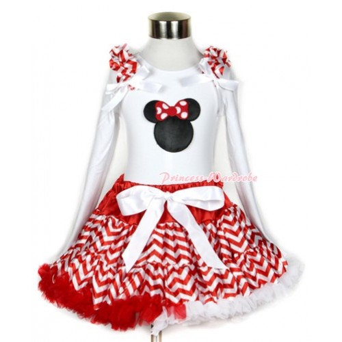 Xmas Red White Wave Pettiskirt with Minnie Print White Long Sleeve Top with Red White Wave Ruffles and White Bow MW296 