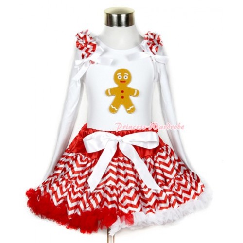 Xmas Red White Wave Pettiskirt with Brown Gingerbread Man Print White Long Sleeve Top with Red White Wave Ruffles and White Bow MW298 