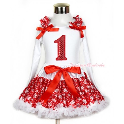 Xmas Red Snowflakes Pettiskirt with 1st Sparkle Red Birthday Number Print White Long Sleeve Top with Red Snowflakes Ruffles and Red Bow MW264 