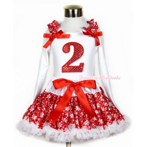 Xmas Red Snowflakes Pettiskirt with 2nd Sparkle Red Birthday Number Print White Long Sleeve Top with Red Snowflakes Ruffles and Red Bow MW265 