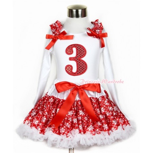 Xmas Red Snowflakes Pettiskirt with 3rd Sparkle Red Birthday Number Print White Long Sleeve Top with Red Snowflakes Ruffles and Red Bow MW266 
