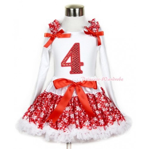 Xmas Red Snowflakes Pettiskirt with 4th Sparkle Red Birthday Number Print White Long Sleeve Top with Red Snowflakes Ruffles and Red Bow MW267 