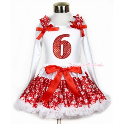 Xmas Red Snowflakes Pettiskirt with 6th Sparkle Red Birthday Number Print White Long Sleeve Top with Red Snowflakes Ruffles and Red Bow MW269 