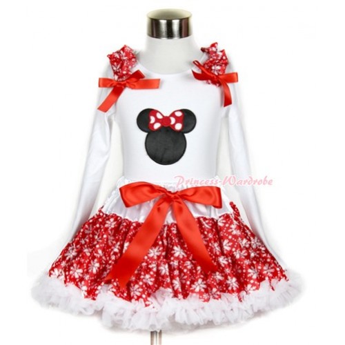 Xmas Red Snowflakes Pettiskirt with Minnie Print White Long Sleeve Top with Red Snowflakes Ruffles and Red Bow MW272 