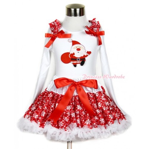 Xmas Red Snowflakes Pettiskirt with Gift Bag Santa Claus Print White Long Sleeve Top with Red Snowflakes Ruffles and Red Bow MW273 