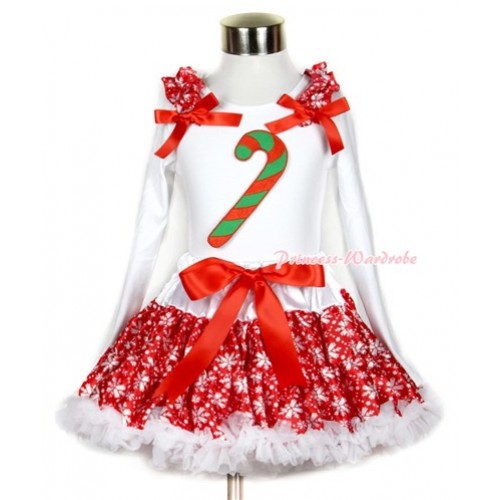 Xmas Red Snowflakes Pettiskirt with Christmas Stick Print White Long Sleeve Top with Red Snowflakes Ruffles and Red Bow MW278 