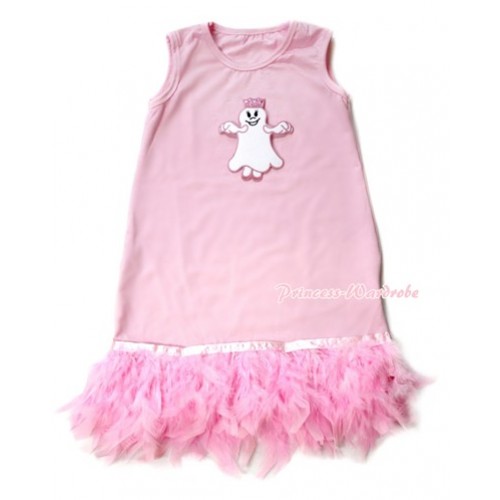 Light Pink One-Piece Pettidress With Princess Ghost Print With Light Pink Posh Feather Ruffles CD022 