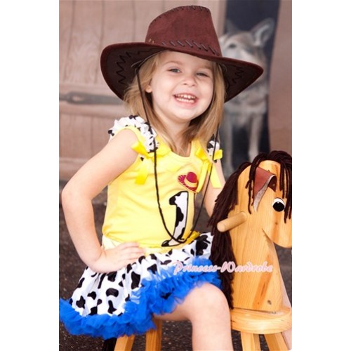 Yellow Tank Top with 1st Cowgirl Hat Braid Milk Cow Birthday Number Print with Milk Cow Ruffles & Yellow Bow& Yellow Royal Blue Milk Cow Pettiskirt With Brown Leather Cowboy Hat M537 