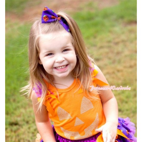Halloween Orange Tank Top with Dark Purple Ruffles & Orange Bows & Sparkle Crystal Glitter Pumpkin Print TN229 