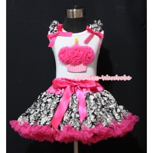 Hot Pink Damask Pettiskirt & Hot Pink Birthday Cake White Tank Top with Damask Ruffles and Hot Pink Bows ML039 