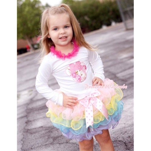 Light Hot Pink Dots Bow Light Pink Rainbow Petal Pettiskirt with Sparkle Light Pink Rose Minnie Print White Long Sleeve Top with Hot Pink Chiffon Lacing MW301 