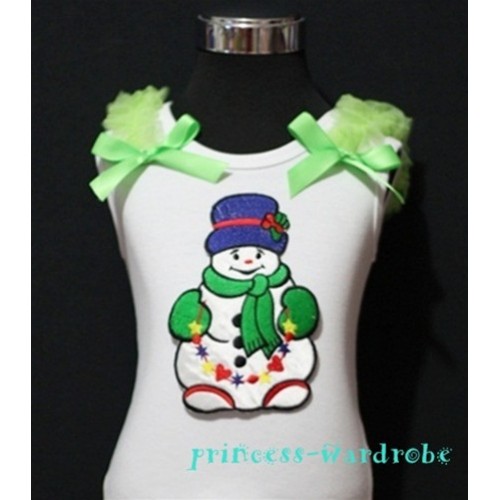 Scarf Snowman White Tank Top with Light Green Ribbon and Ruffles TW59 