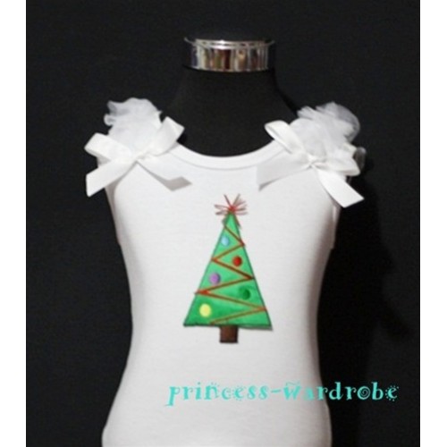 Christmas Tree White Tank Top with White Ribbon and Ruffles TW68 