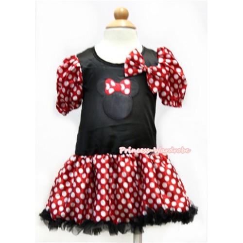 Minnie Polka Dots Bubble Sleeves Black Princess Dress Party Costume With Minnie Dots Satin Bow & Minnie Print C162 
