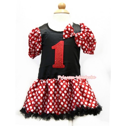Minnie Polka Dots Bubble Sleeves Black Princess Dress Party Costume With Minnie Dots Satin Bow & 1st Sparkle Red Birthday Number Print C163 