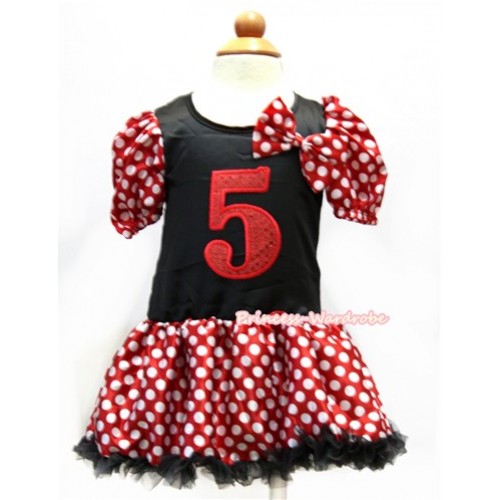 Minnie Polka Dots Bubble Sleeves Black Princess Dress Party Costume With Minnie Dots Satin Bow & 5th Sparkle Red Birthday Number Print C167 