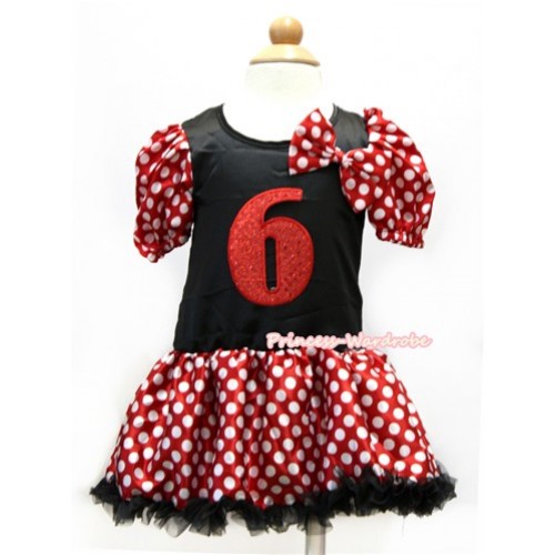 Minnie Polka Dots Bubble Sleeves Black Princess Dress Party Costume With Minnie Dots Satin Bow & 6th Sparkle Red Birthday Number Print C168 