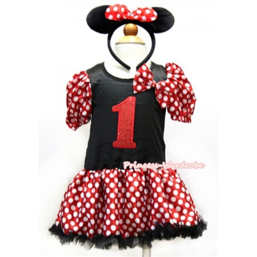 Minnie Polka Dots Bubble Sleeves Black Princess Dress Party Costume With Minnie Dots Satin Bow & 1st Sparkle Red Birthday Number Print & Minnie Headband 2PC Set C172 