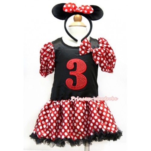 Minnie Polka Dots Bubble Sleeves Black Princess Dress Party Costume With Minnie Dots Satin Bow & 3rd Sparkle Red Birthday Number Print & Minnie Headband 2PC Set C174 