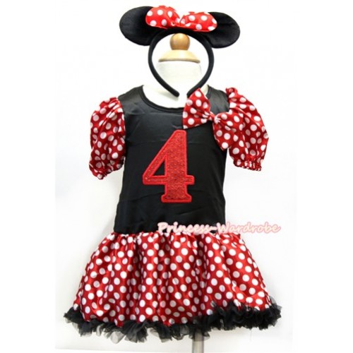 Minnie Polka Dots Bubble Sleeves Black Princess Dress Party Costume With Minnie Dots Satin Bow & 4th Sparkle Red Birthday Number Print & Minnie Headband 2PC Set C175 