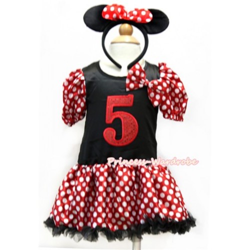 Minnie Polka Dots Bubble Sleeves Black Princess Dress Party Costume With Minnie Dots Satin Bow & 5th Sparkle Red Birthday Number Print & Minnie Headband 2PC Set C176 