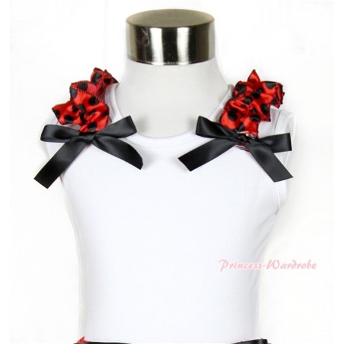 Halloween White Tank Top with Beetle Red Black Polka Dots Ruffles and Black Bow TB483 