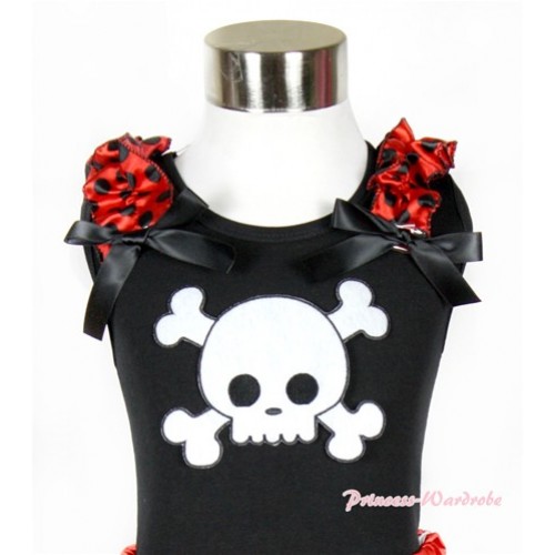 Halloween Black Tank Top With White Skeleton Print with Beetle Red Black Dots Ruffles & Black Bow TB487 
