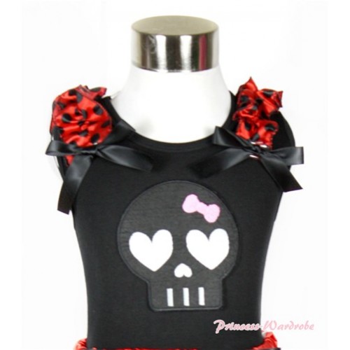 Halloween Black Tank Top With Black Skeleton Print with Beetle Red Black Dots Ruffles & Black Bow TB488 